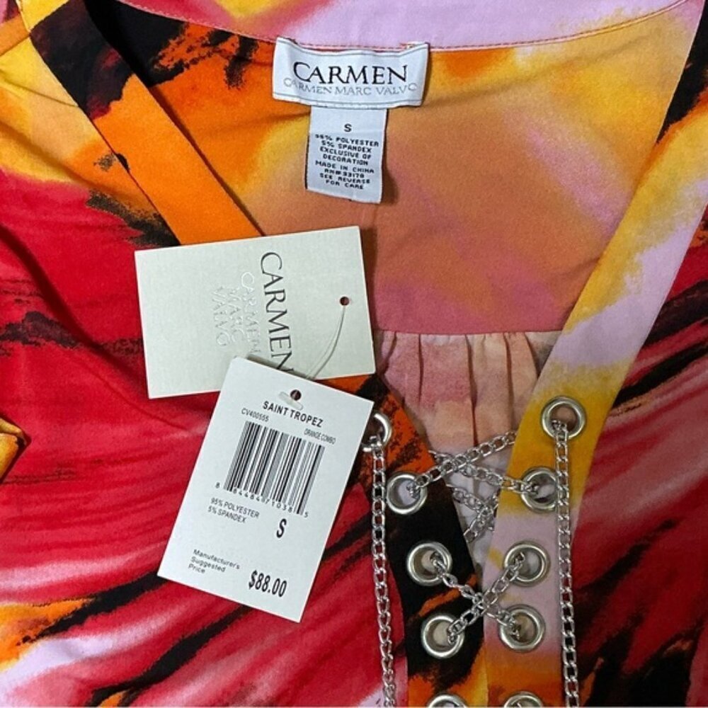 Carmen Marc Valvo Tunic V Neck Chain Long Roll Up Sleeve Tropical Coral Pink SM - Picture 5 of 16
